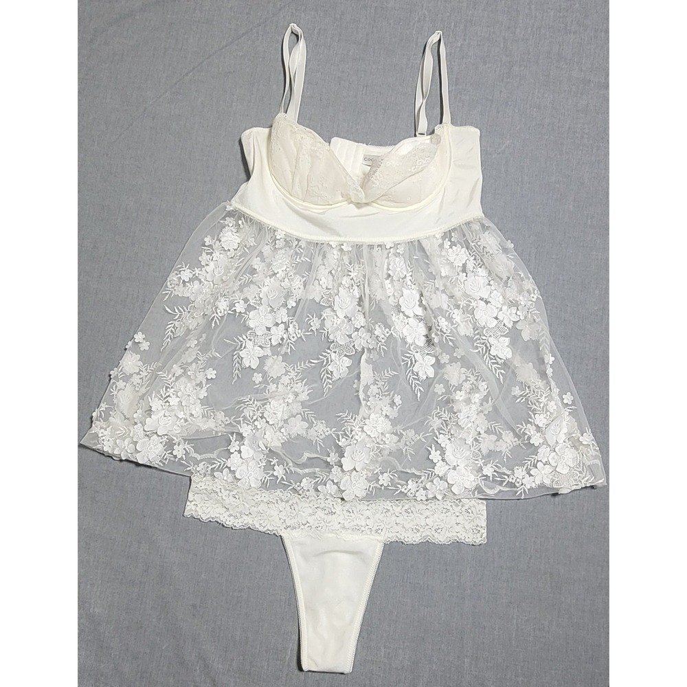 Coquette babydoll lingerie Set Mesh Floral padded demi-cup chemise Sexy Size L